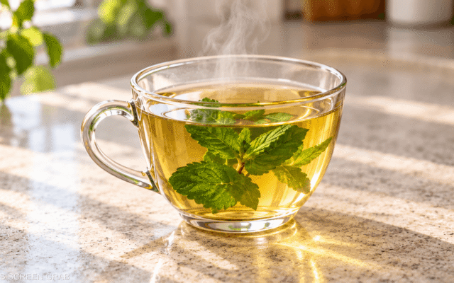 herbal tea and prune juice on table